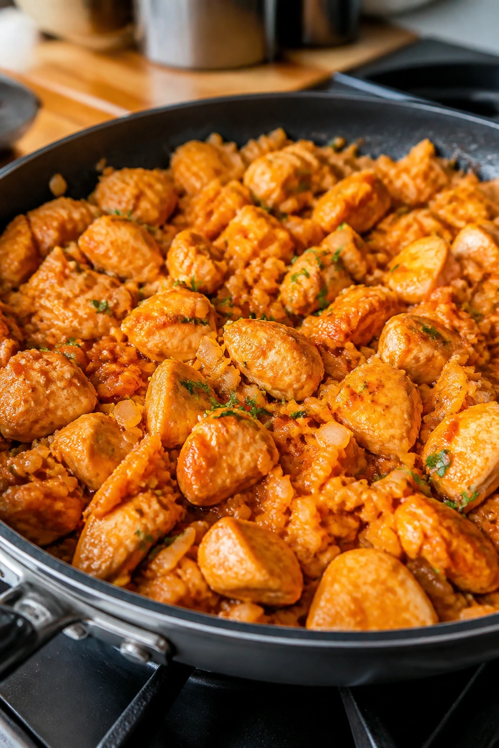 Skillet of buffalo chicken cauliflower rice