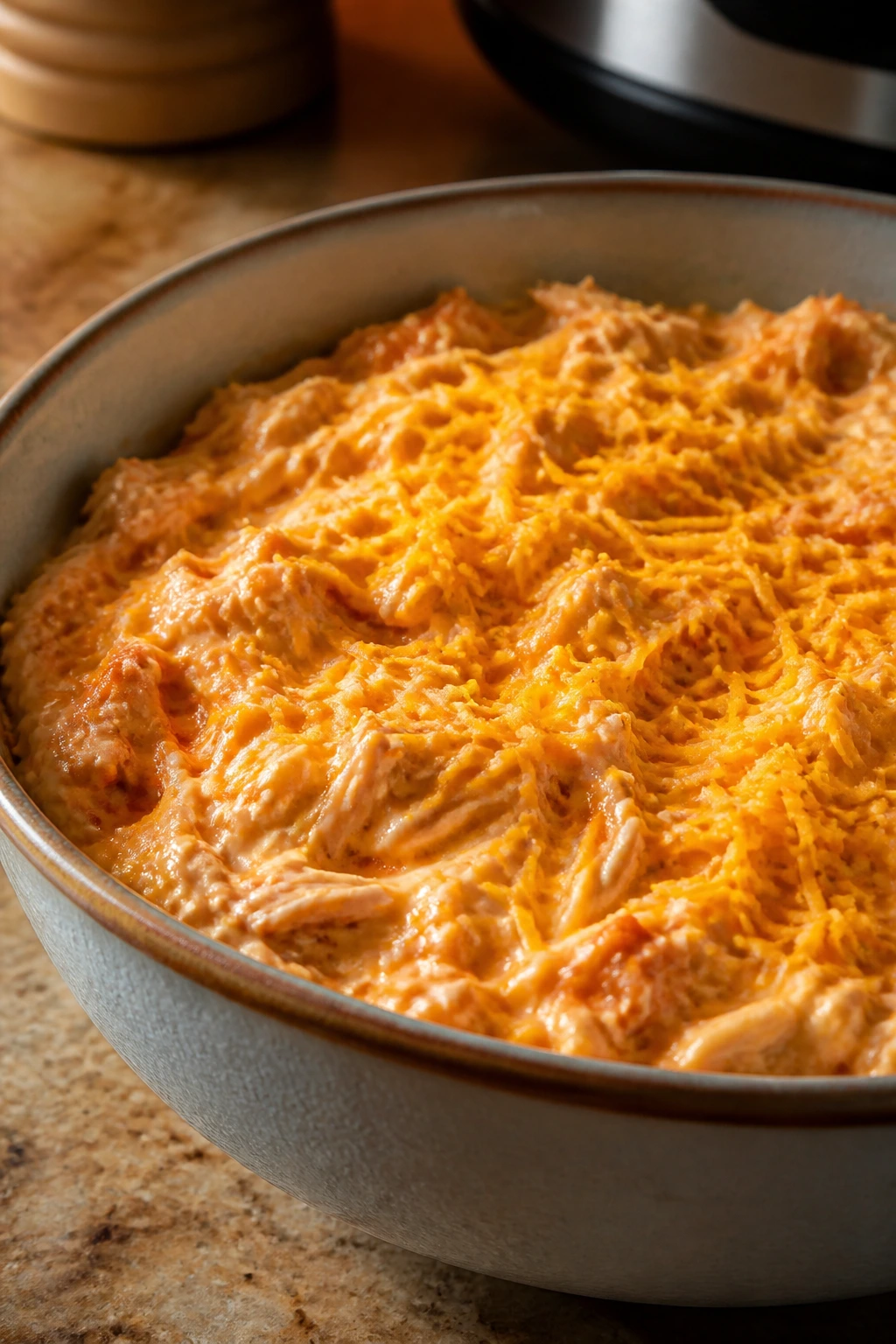 Buffalo chicken dip in a bowl with cheddar topping on a warm kitchen counter