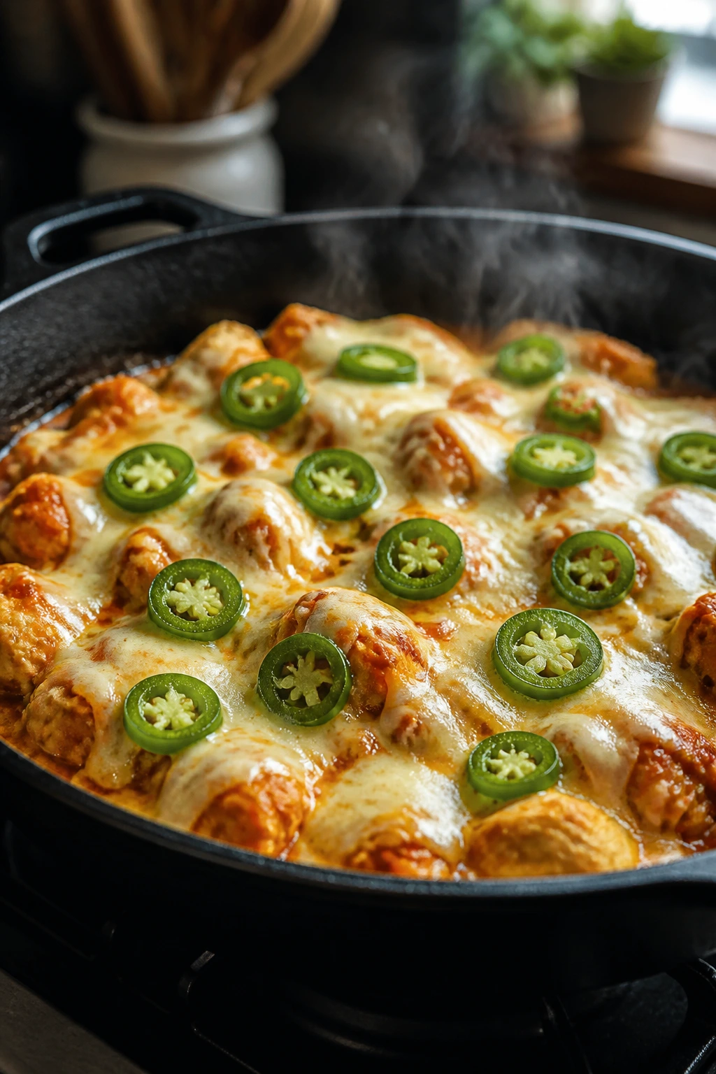 Skillet with Pepper Jack Firecracker buffalo chicken and jalapeños on top