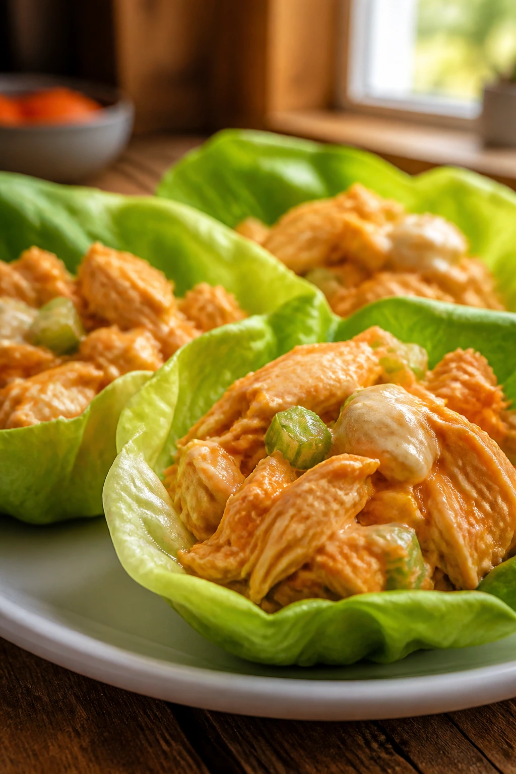 Close-up of buffalo chicken lettuce wraps on a rustic wooden table