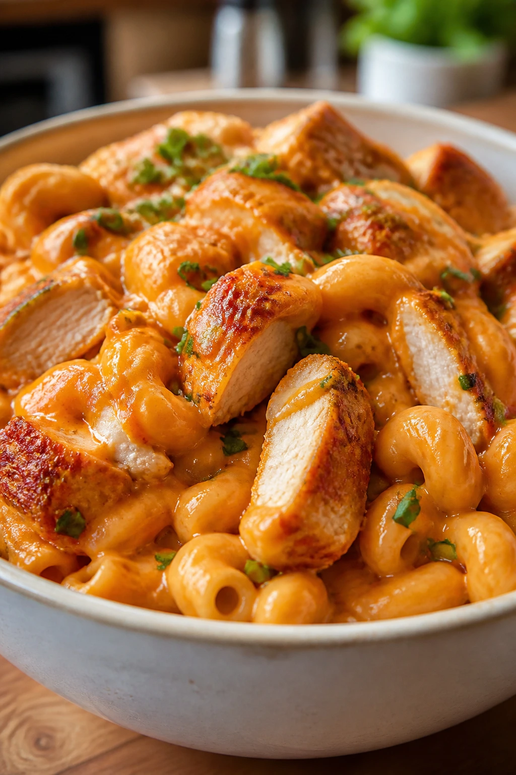 Buffalo chicken macaroni and cheese with tender chicken in a creamy cheese sauce