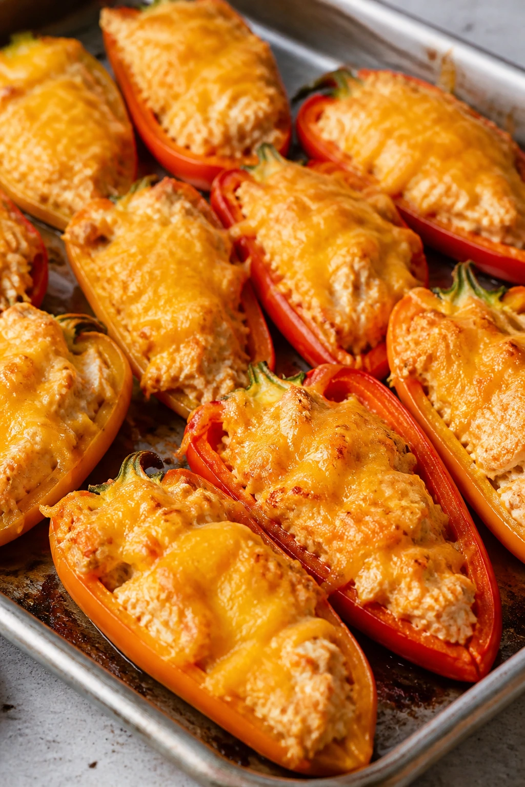 Buffalo chicken stuffed mini peppers on a tray, close-up.