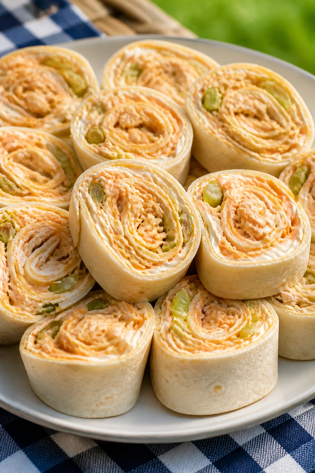 Sliced buffalo chicken pinwheels on a picnic table
