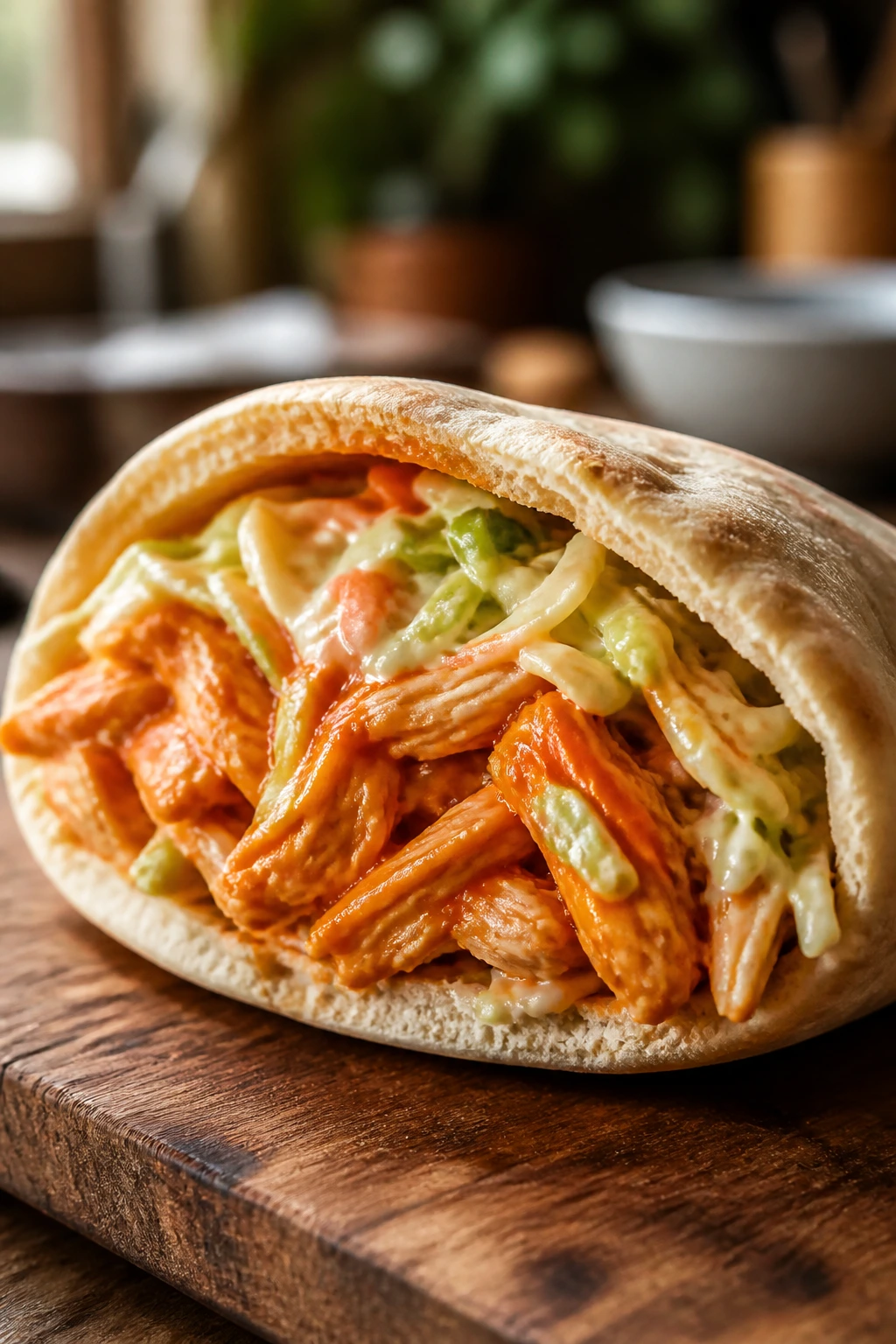 Close-up of a buffalo chicken slaw pita half with shredded chicken and slaw.