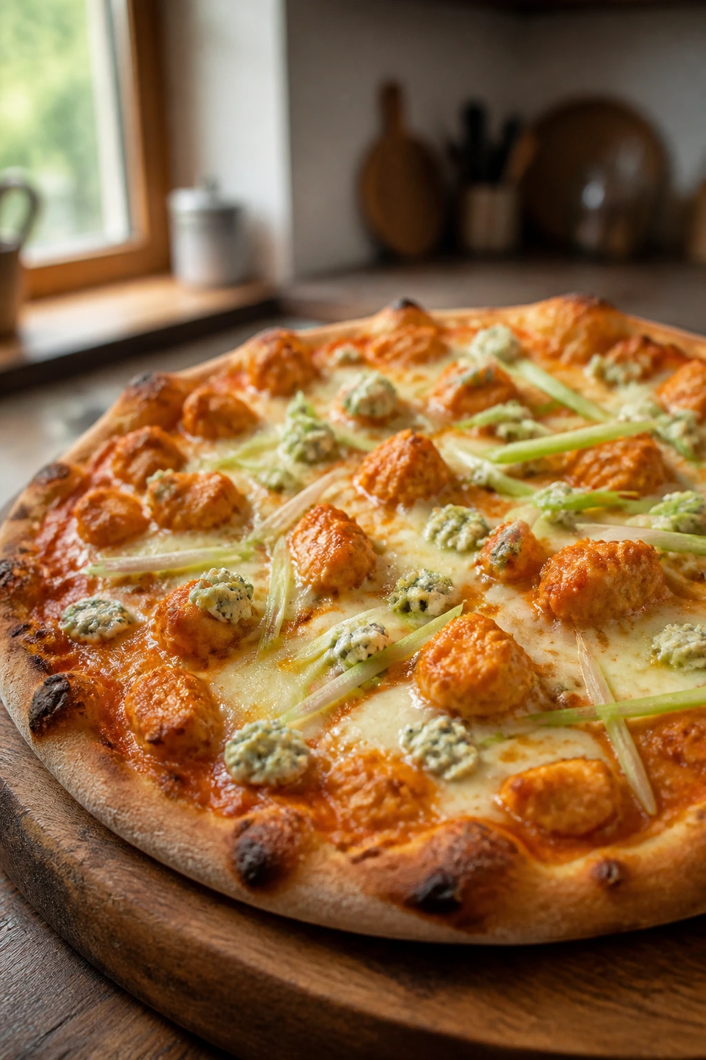 Close-up of Buffalo Chicken Pizza with blue cheese and celery