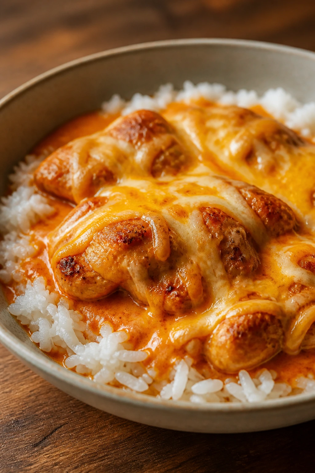 Buffalo chicken served in a shallow bowl over white rice in warm kitchen lighting