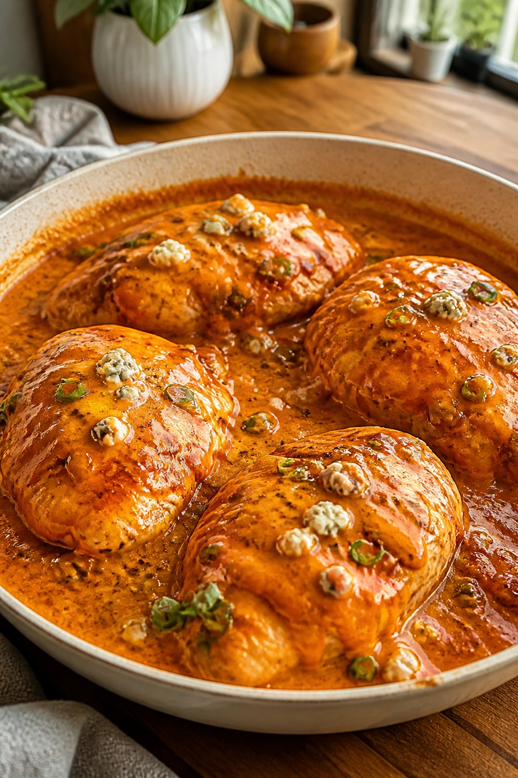 Buffalo chicken with four portions on a plate, suggesting yield