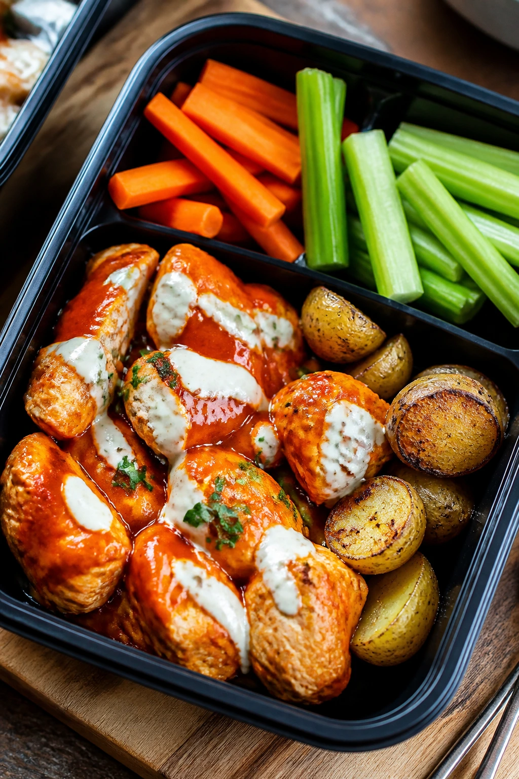 Close-up of Buffalo Chicken Potato Boxes meal-prep box showing buffalo chicken, potatoes, and veggies