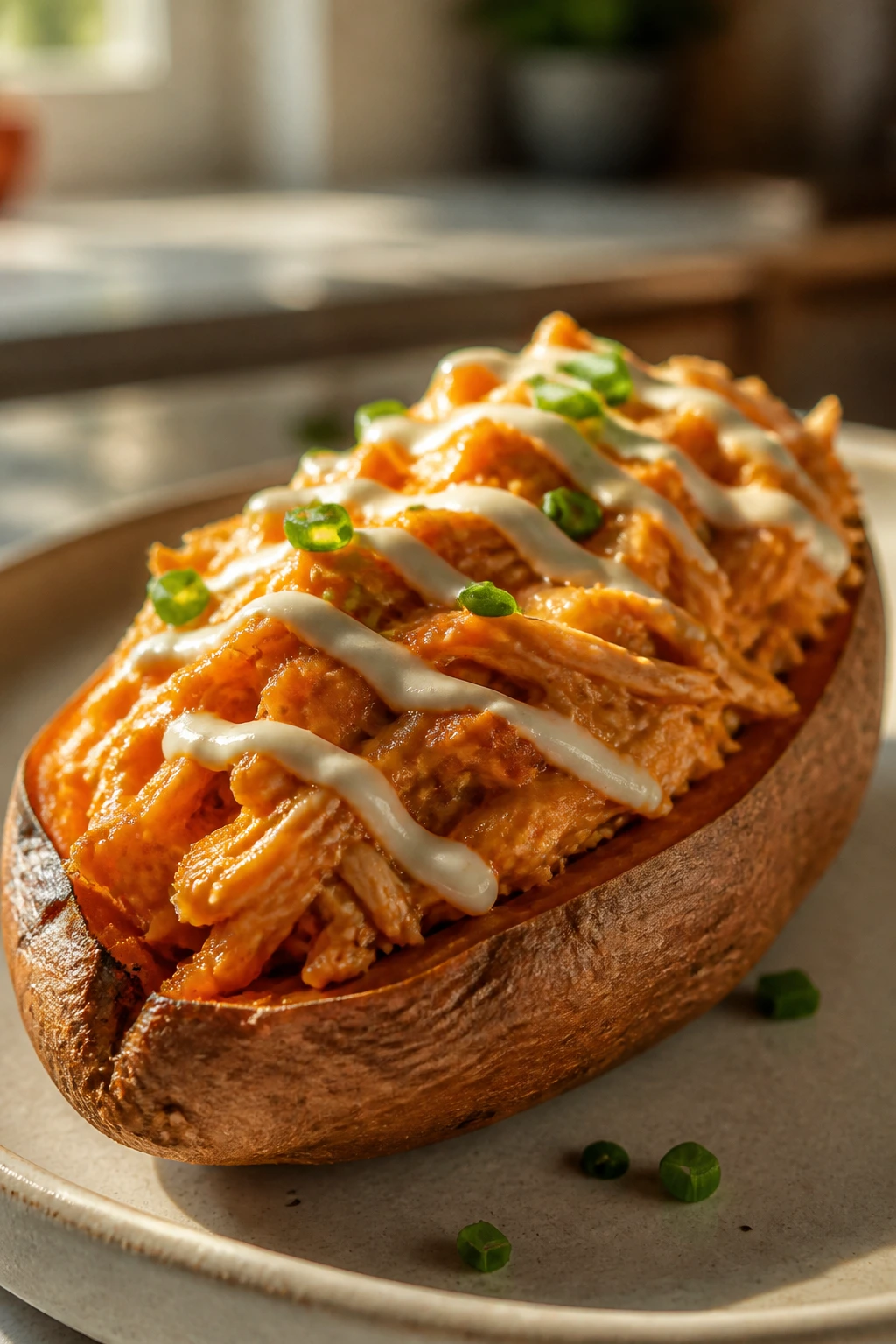 Close-up of a buffalo chicken stuffed sweet potato half on a wooden surface