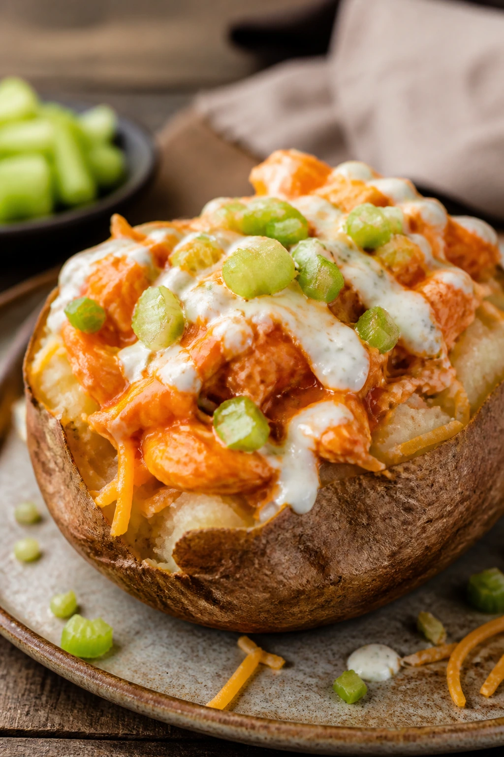 Close-up of loaded buffalo chicken ranch baked potato with ranch, cheddar, and celery on a rustic plate