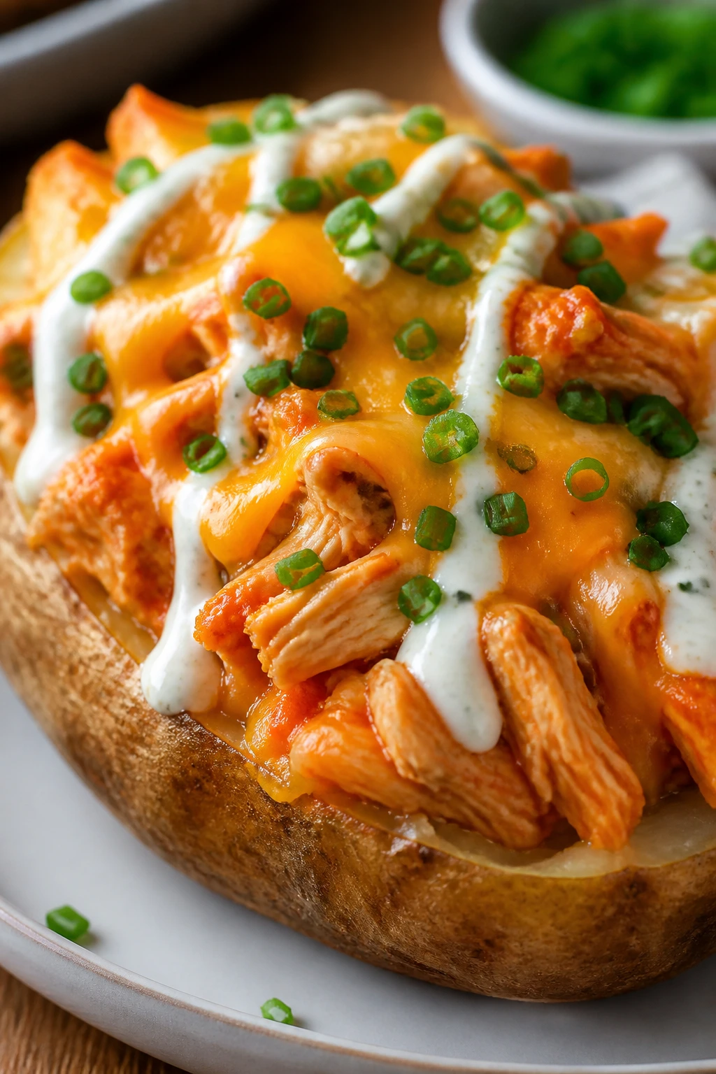 Halved baked potato stuffed with buffalo chicken and cheddar on a wooden plate