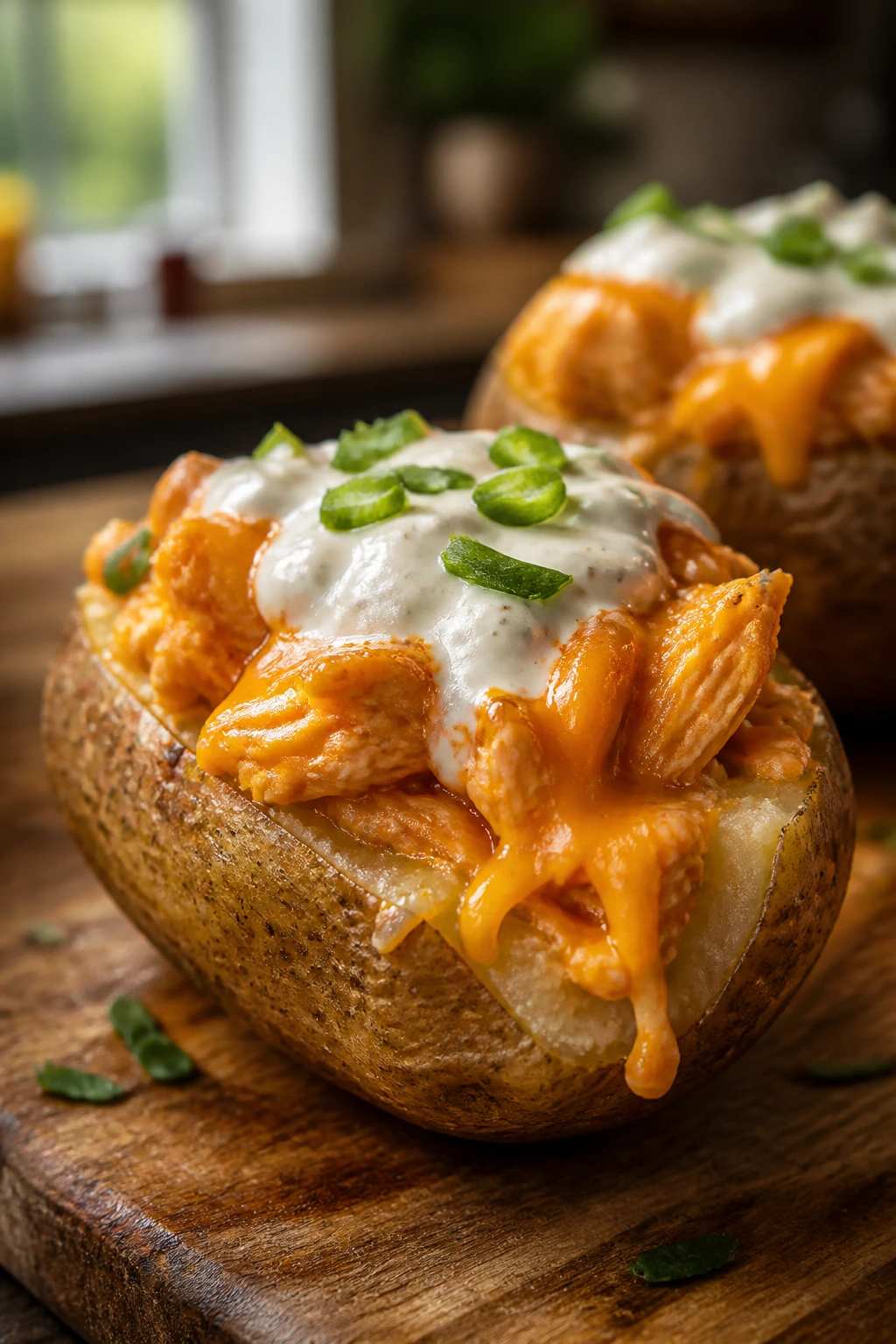 Close-up of buffalo chicken stuffed potato topped with cheddar and ranch on a rustic wooden board