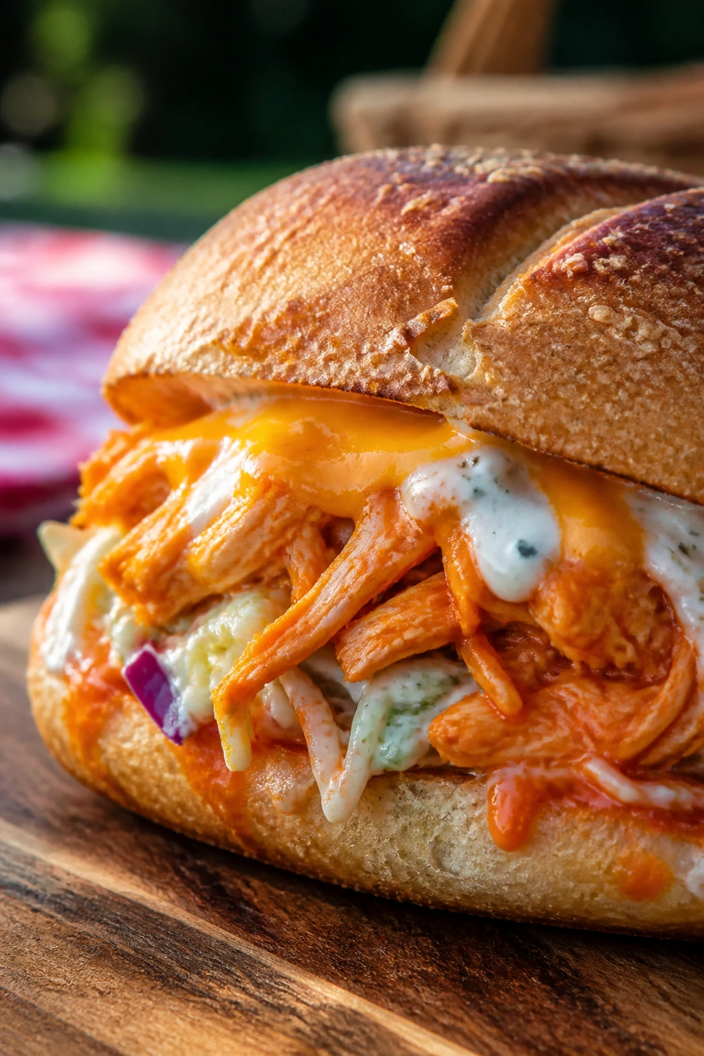 Buffalo chicken ranch sandwich with cheddar and celery slaw in a roll