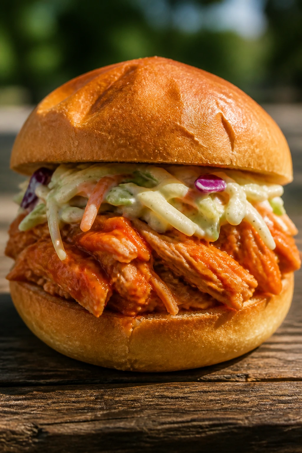 Close-up of buffalo chicken sandwich with ranch slaw on a bun