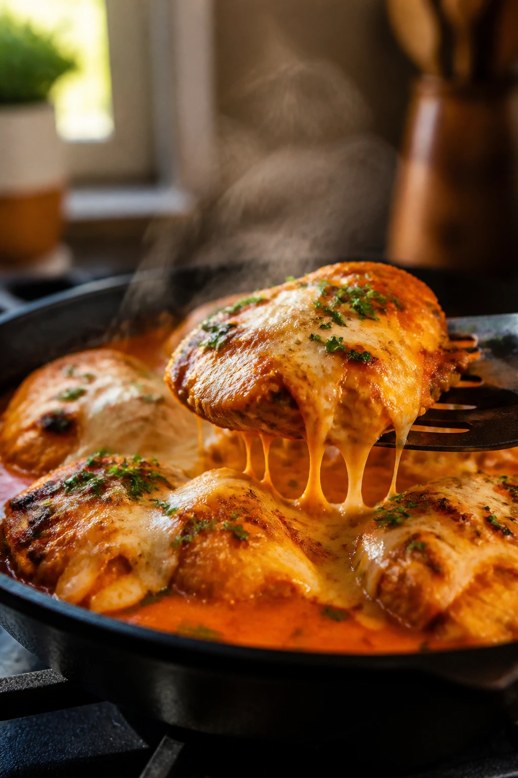 Sizzling buffalo chicken with creamy cheese sauce in skillet