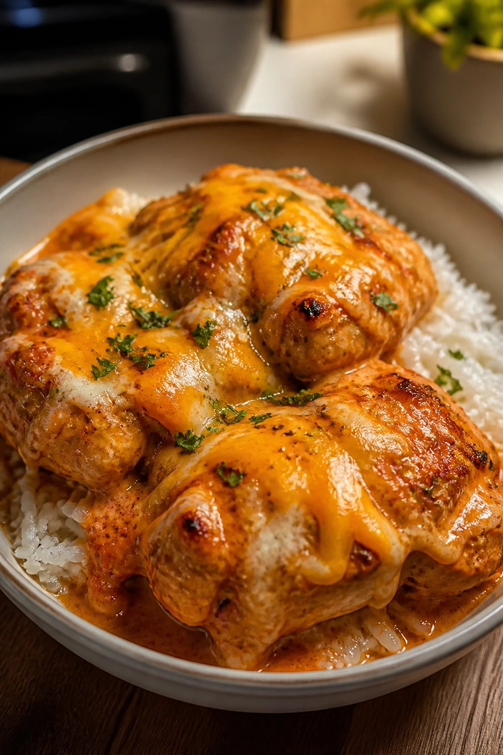 Plate of tender cheesy buffalo chicken over rice in a cozy kitchen