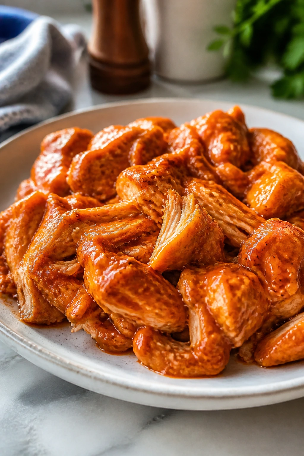 Close-up of juicy buffalo chicken thighs in glossy sauce on a plate