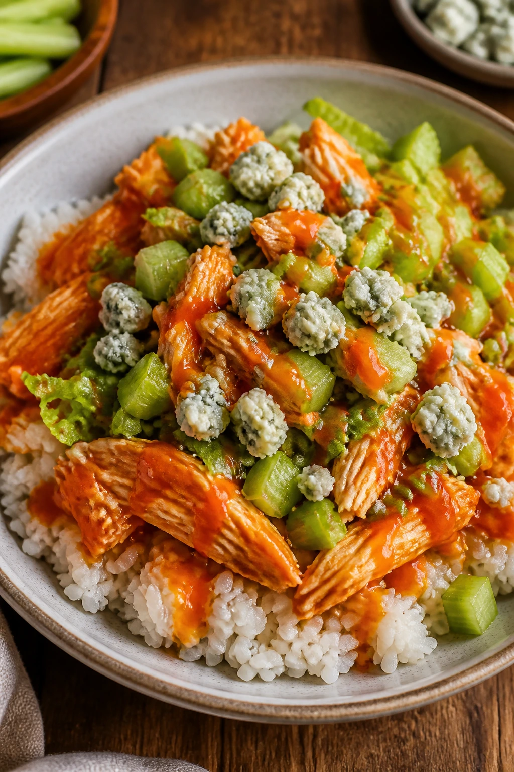 Buffalo chicken over rice with lettuce, celery, and blue cheese in a bowl