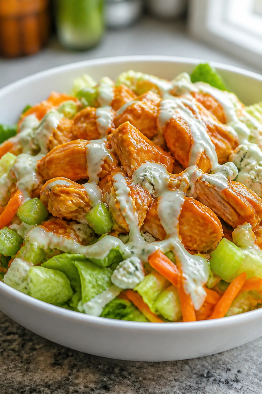 Buffalo chicken salad with celery and blue cheese on greens