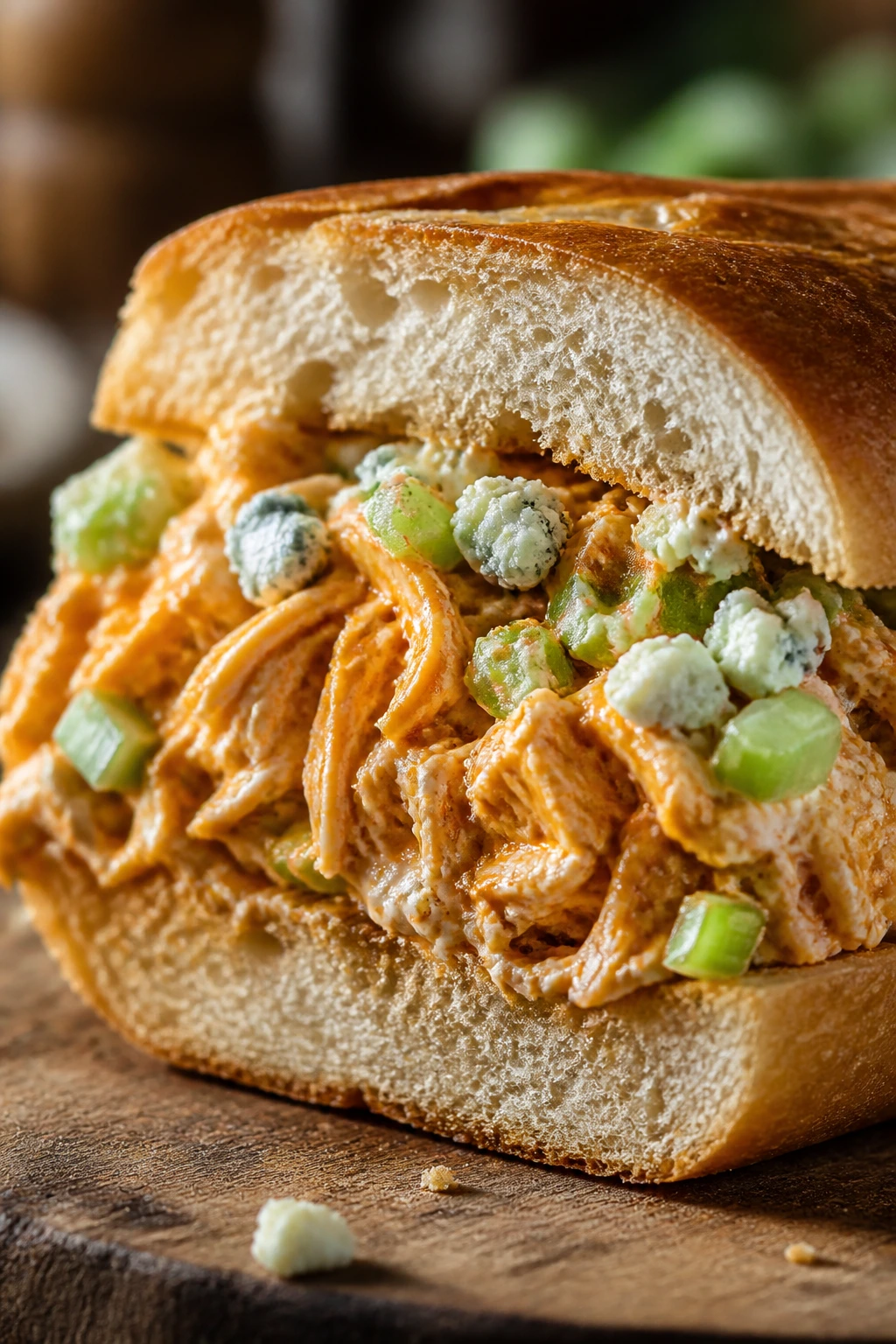 Close-up of buffalo chicken salad sandwich on a roll outdoors