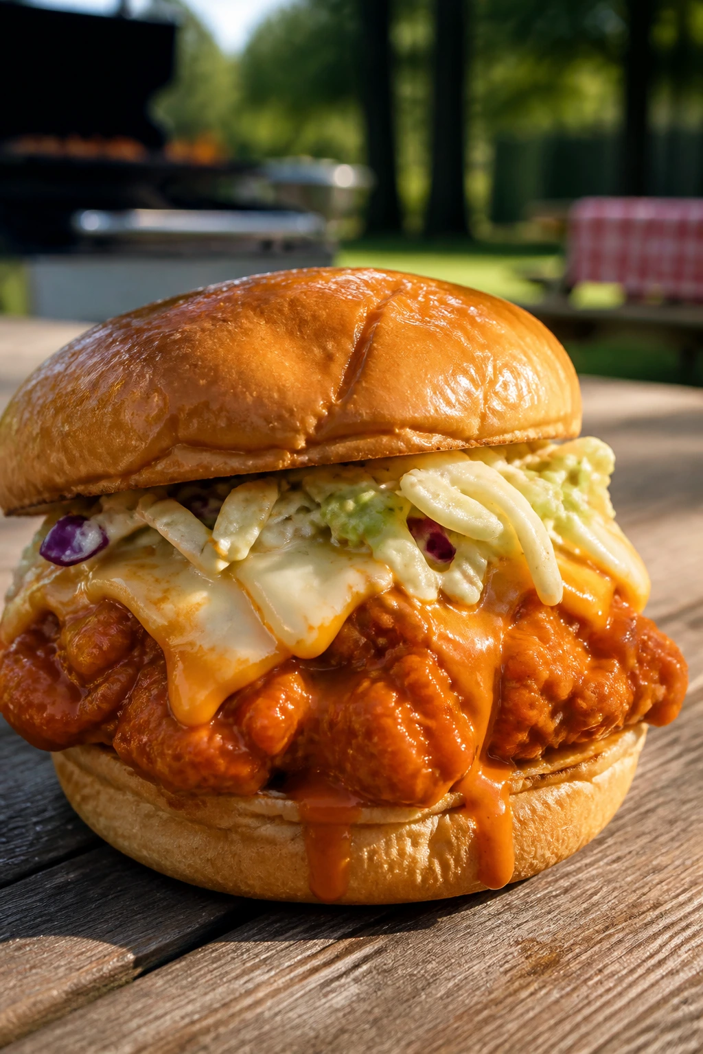 Buffalo Chicken Sandwich with blue cheese and slaw on a bun