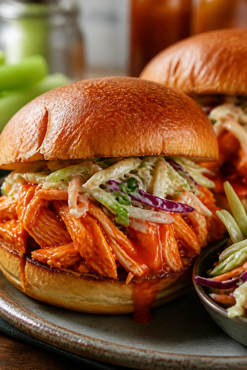 Buffalo chicken sandwich with orange sauce on a rustic plate