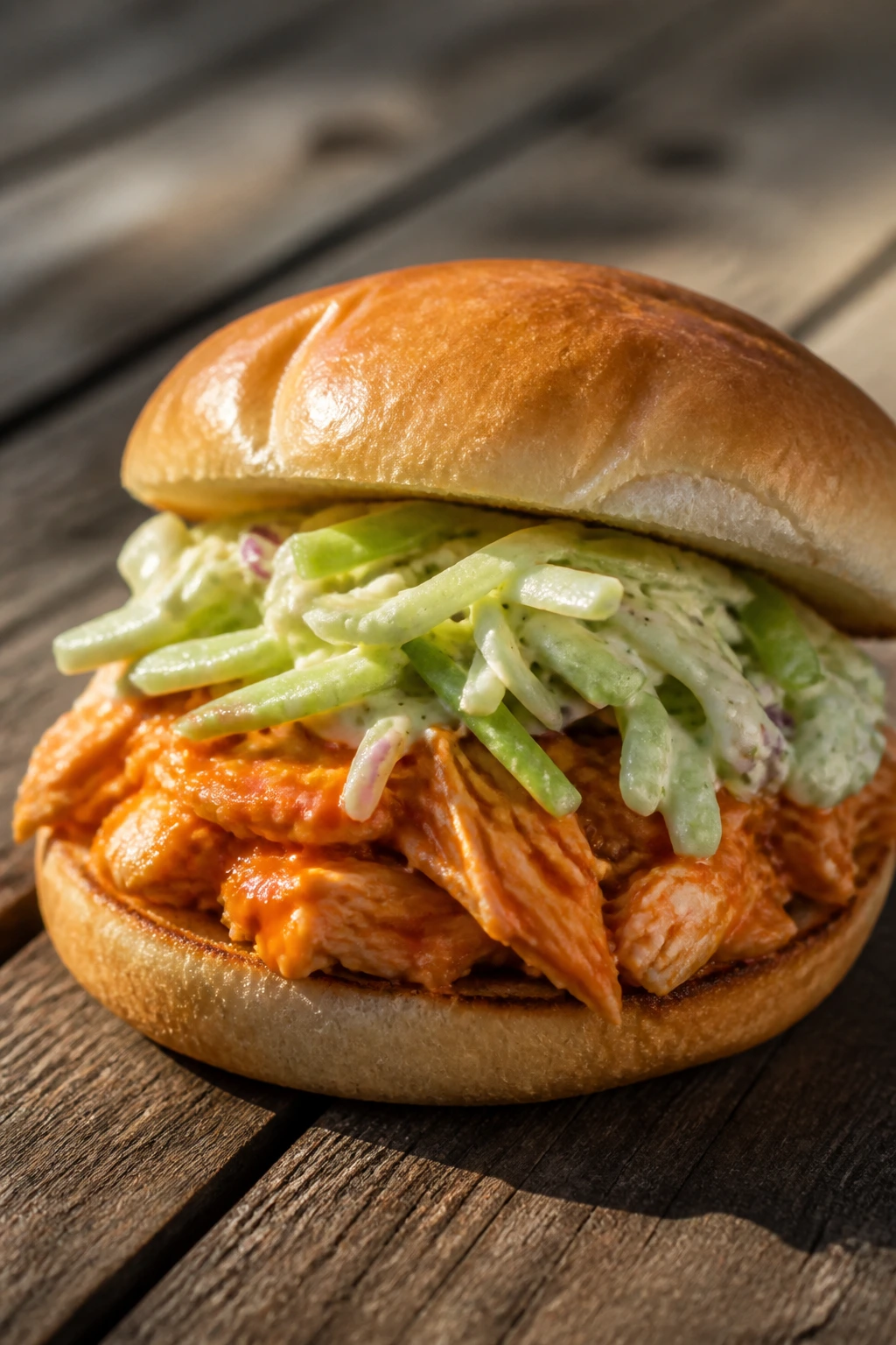 Close-up of buffalo chicken sandwich with celery slaw