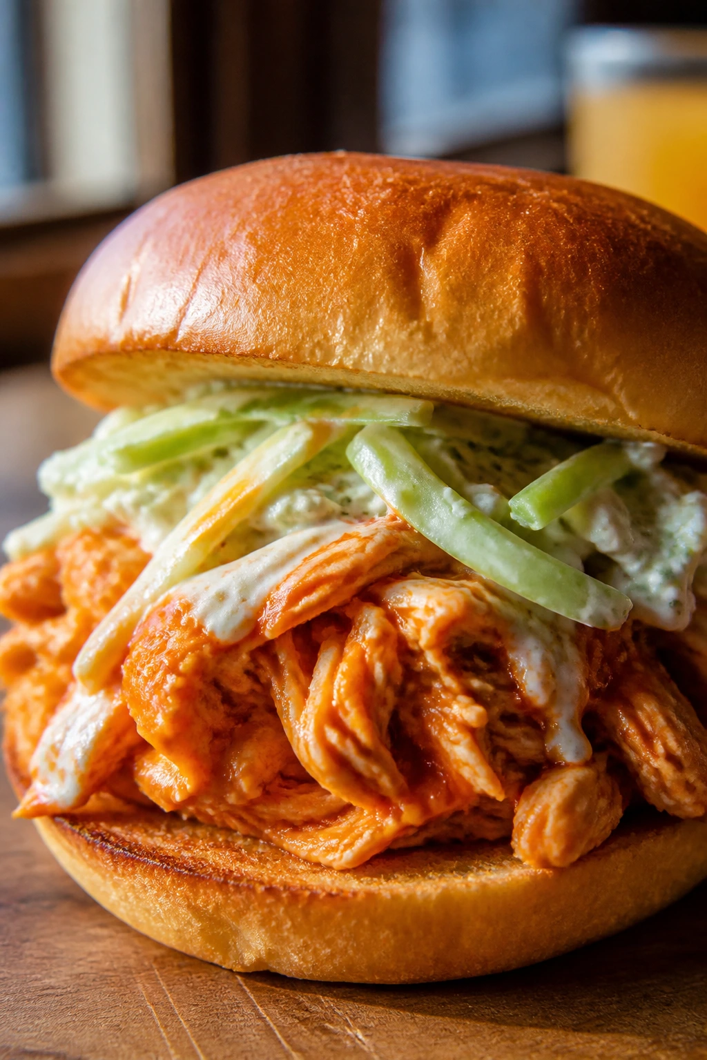 Buffalo chicken sandwich with celery slaw on a bun