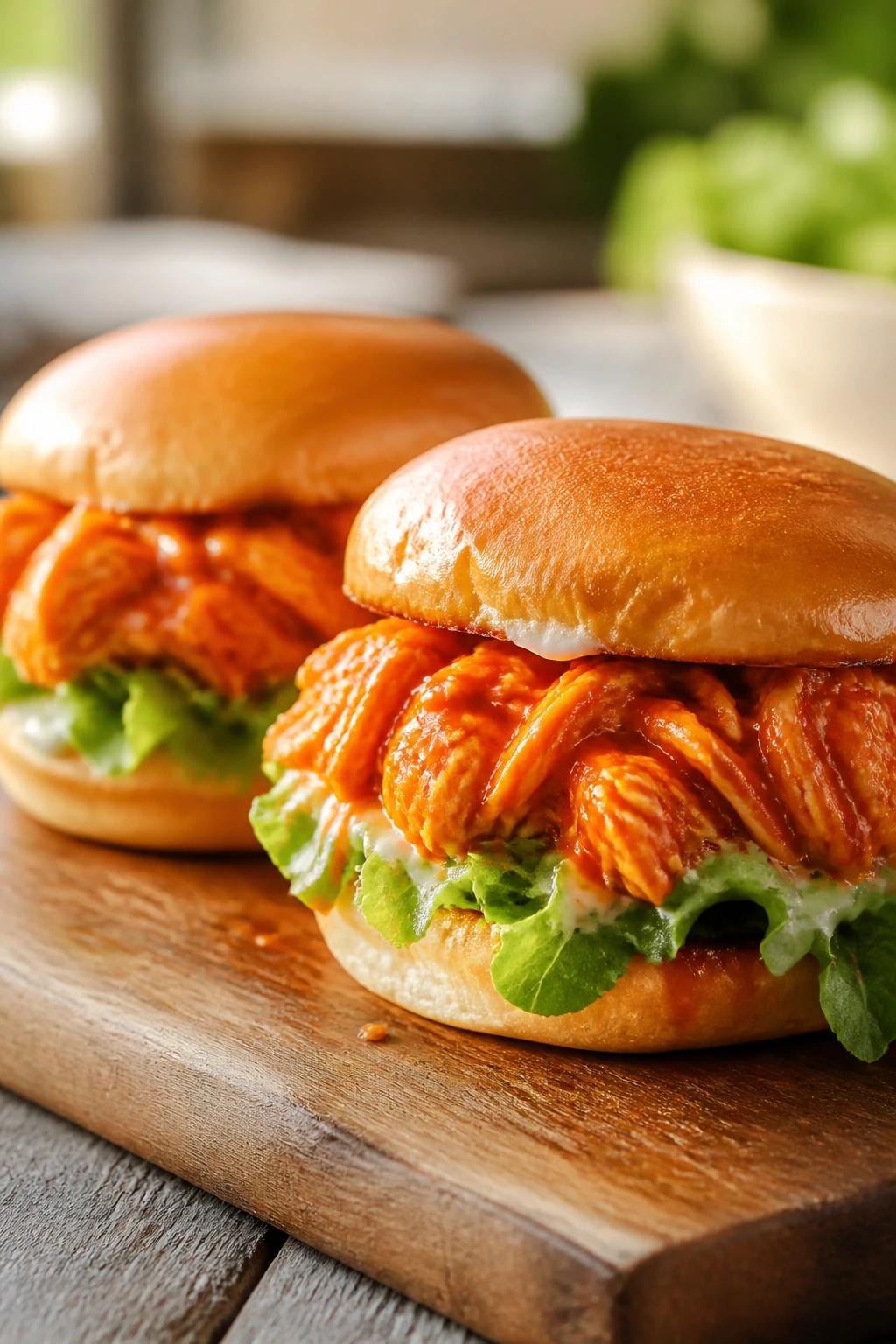 Buffalo chicken sandwiches on wooden board in sunlit kitchen