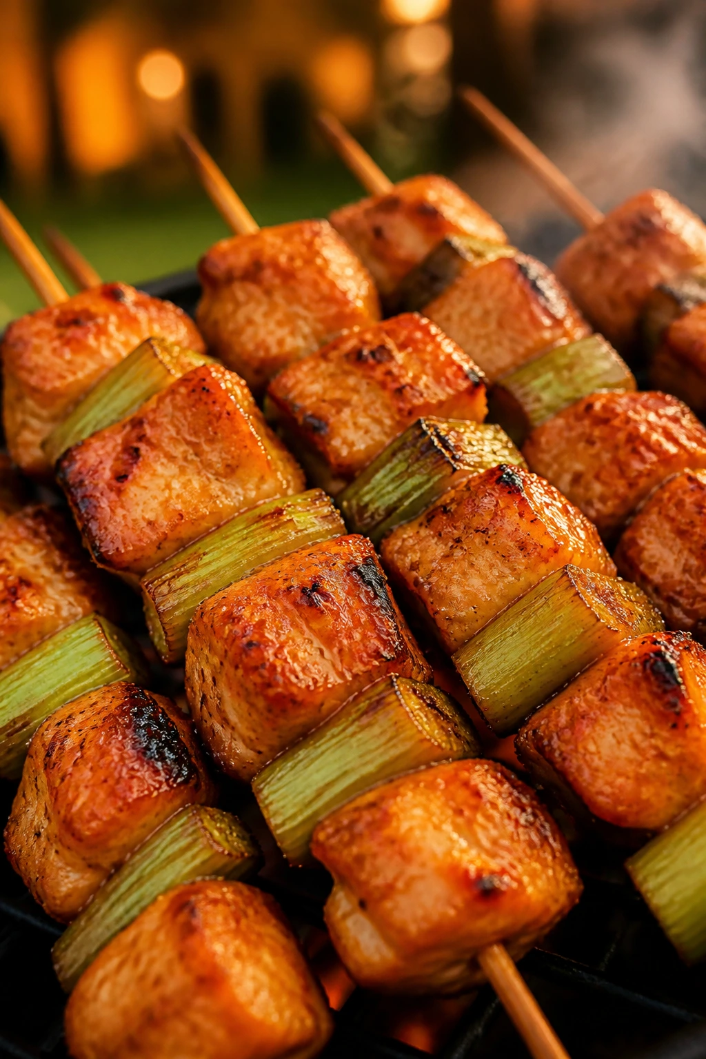 Buffalo chicken and celery skewers grilled outdoors