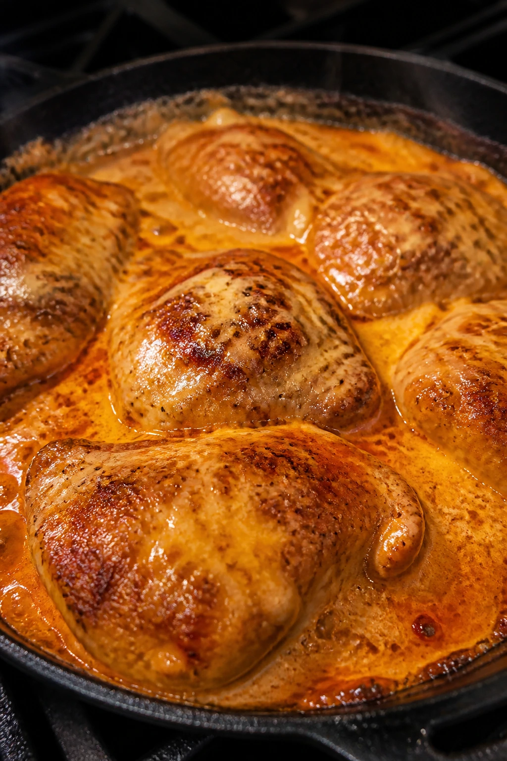 Close-up of juicy buffalo chicken with melted cheese in a skillet