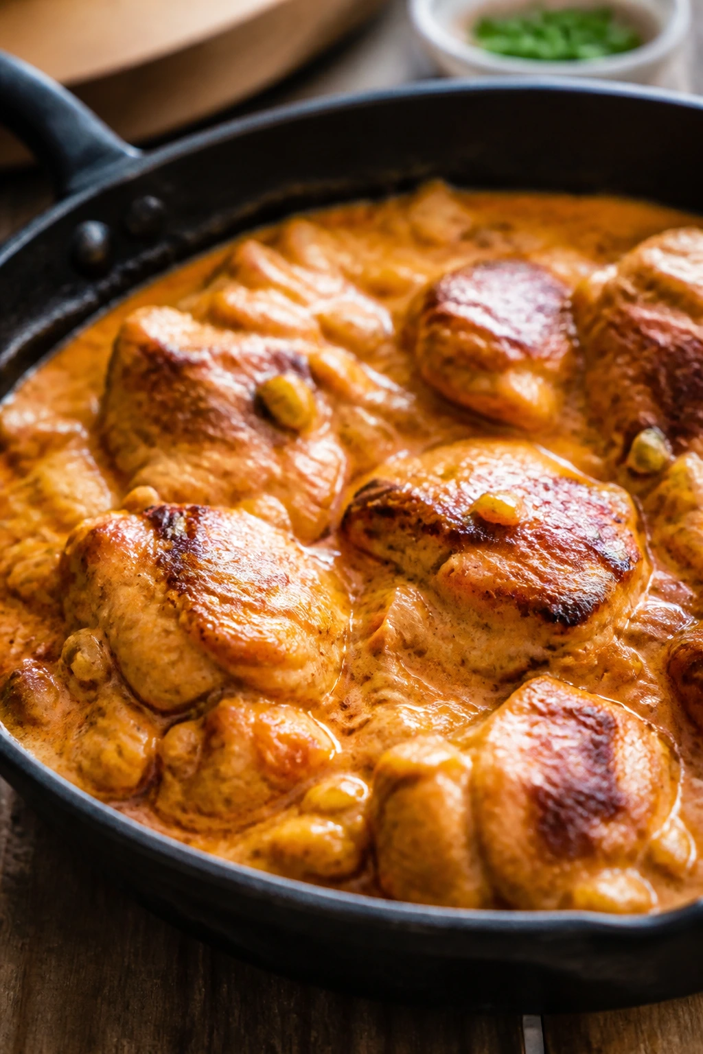 Close-up of creamy buffalo chicken in a skillet with glossy sauce, weeknight dinner.