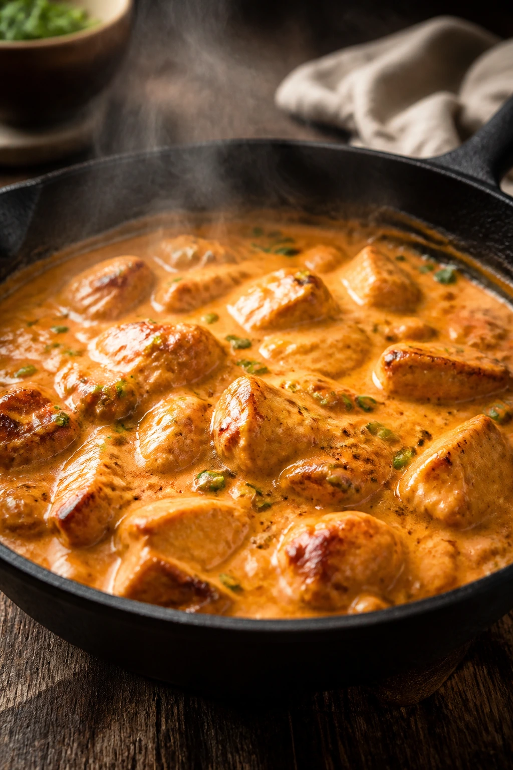 Cast-iron skillet with creamy buffalo chicken and glossy sauce, steam rising
