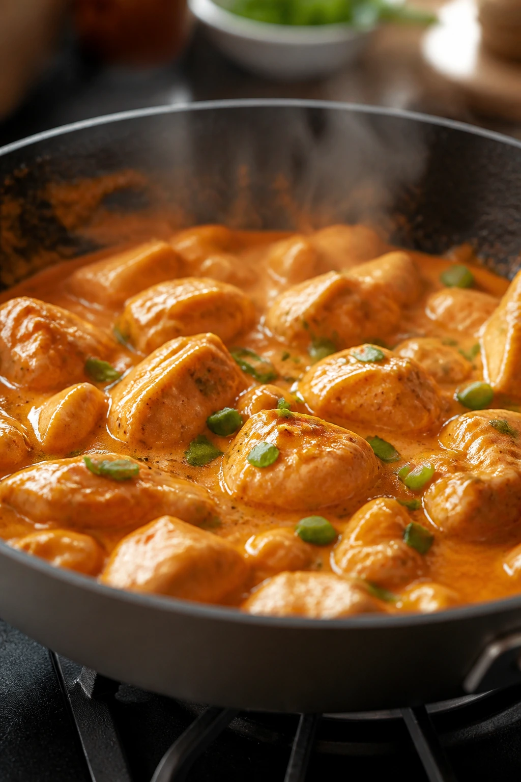 Skillet with chicken coated in glossy creamy buffalo sauce simmering on the stove