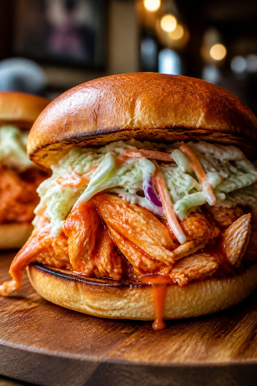 Close-up of buffalo chicken sandwich with crunchy ranch slaw on a bun.