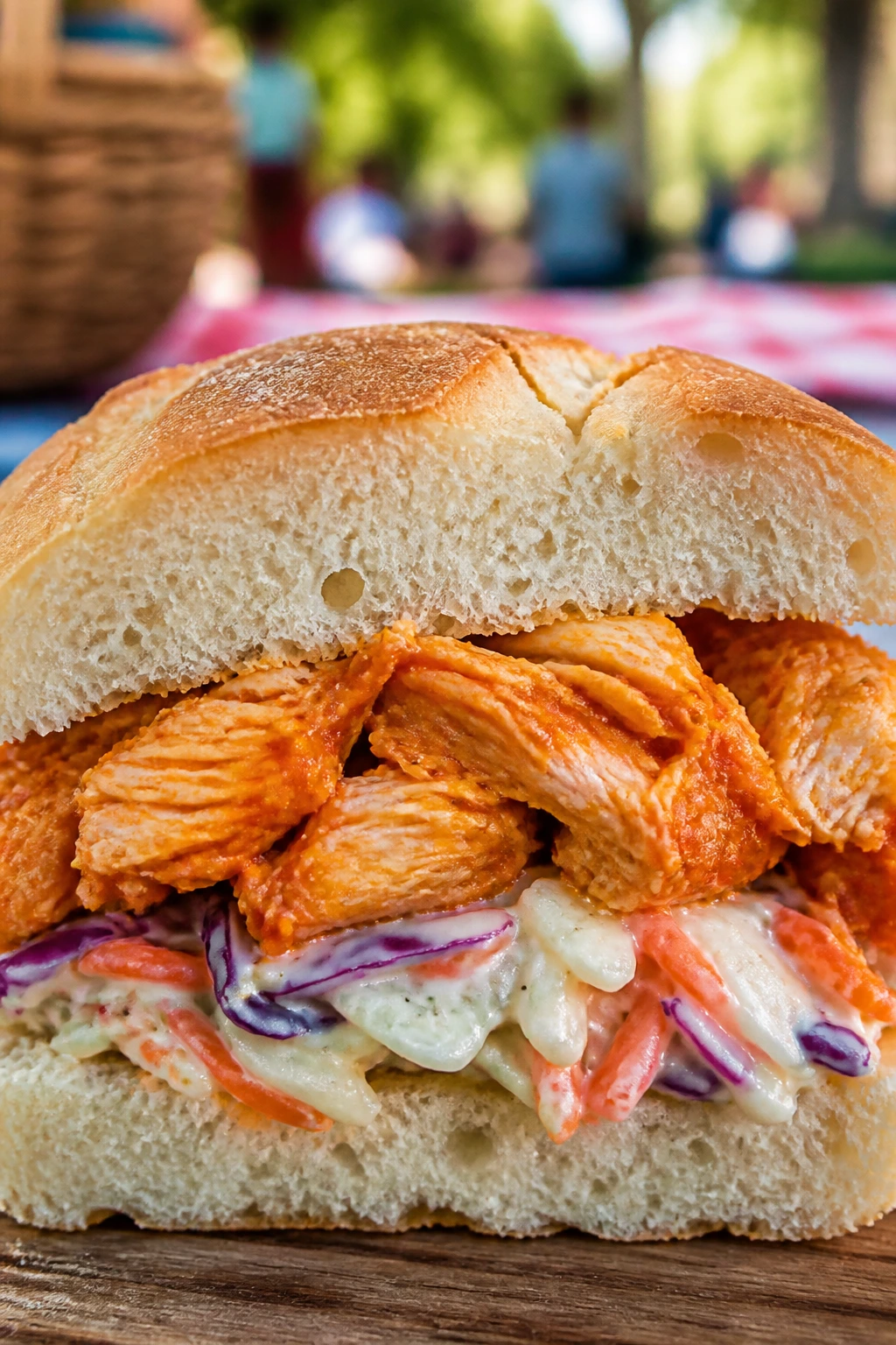 Close-up cross-section of buffalo chicken slaw sandwich on roll