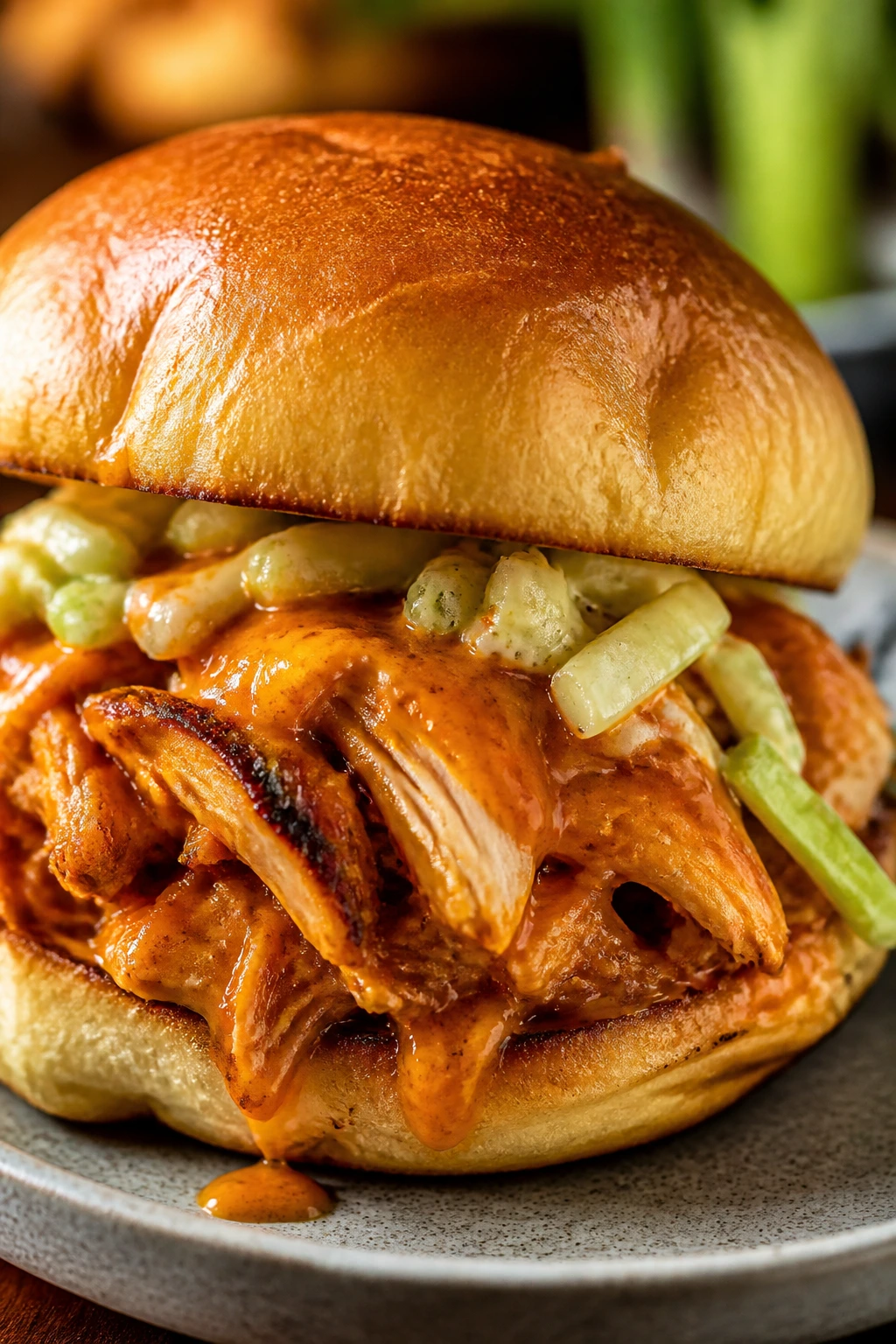 Close-up of a buffalo chicken slider with glossy sauce