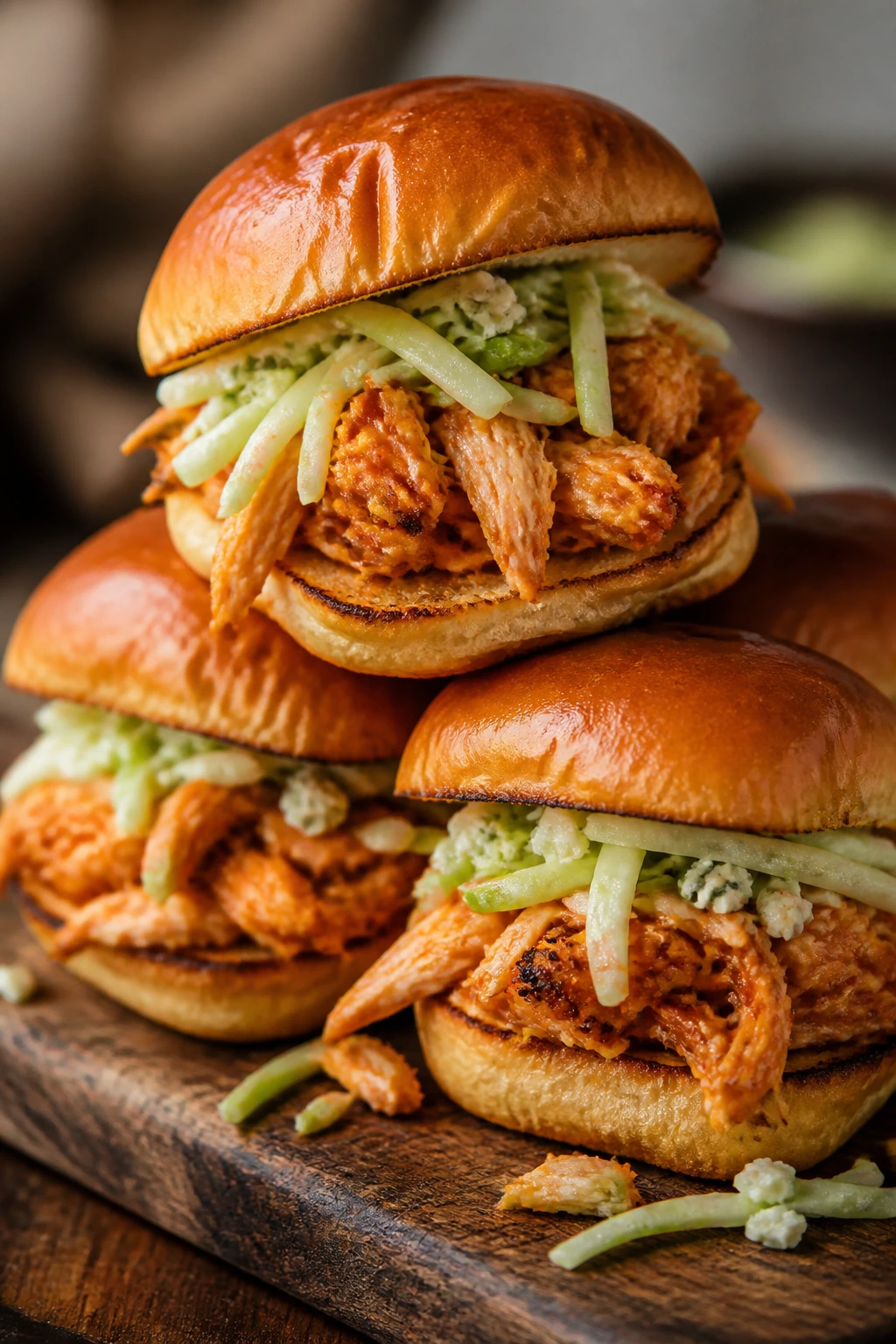 Close-up of buffalo chicken sliders on a wooden board