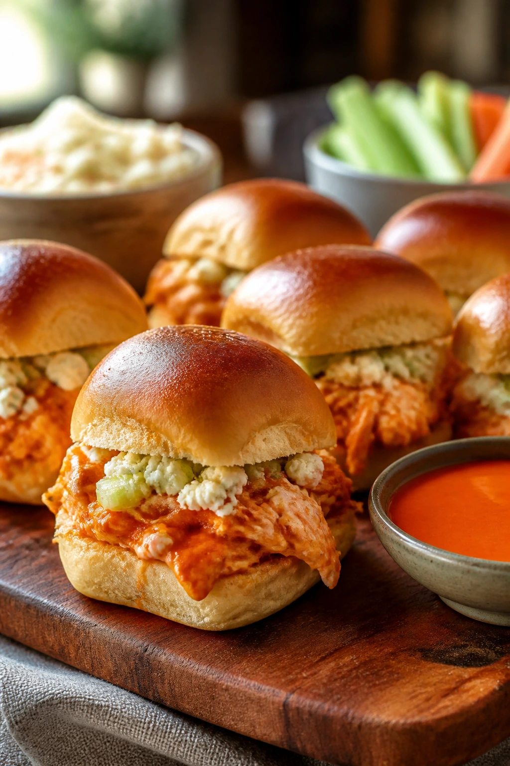 Buffalo chicken sliders on a serving board with sauce and sides