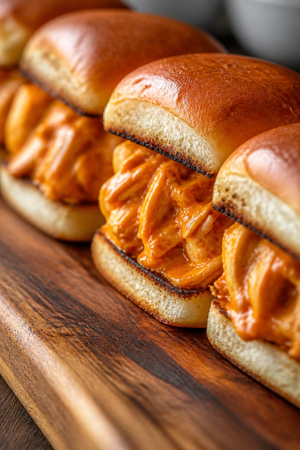 Row of buffalo chicken sliders on wooden board