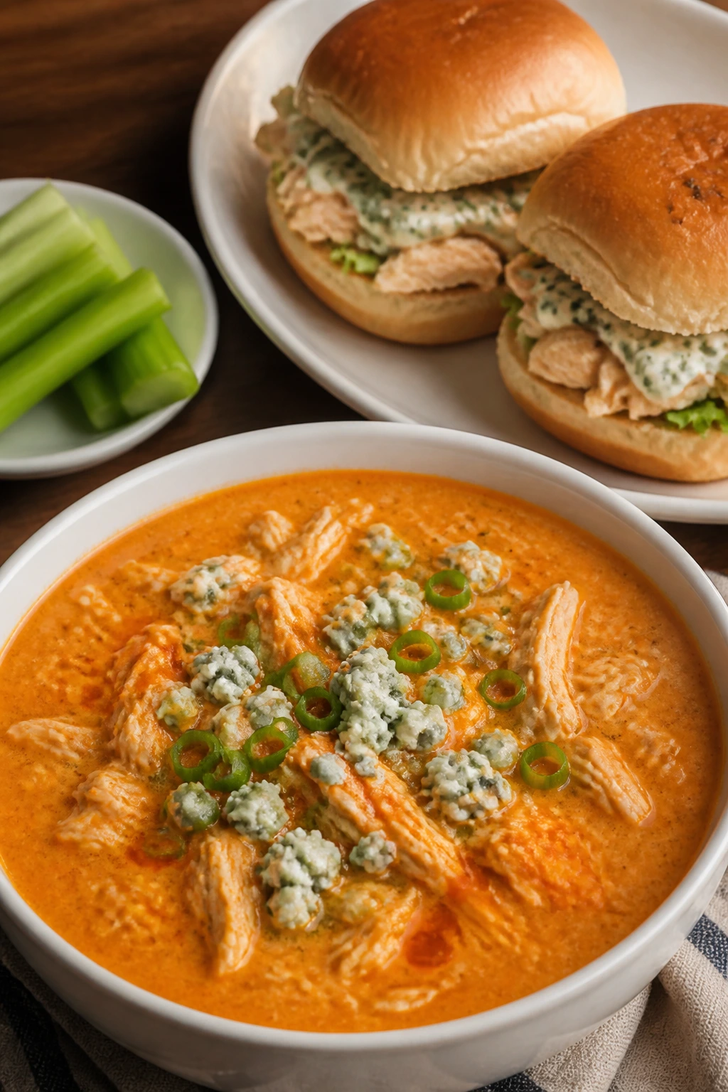 Buffalo chicken soup with ranch chicken sandwiches and celery sticks on a warm table