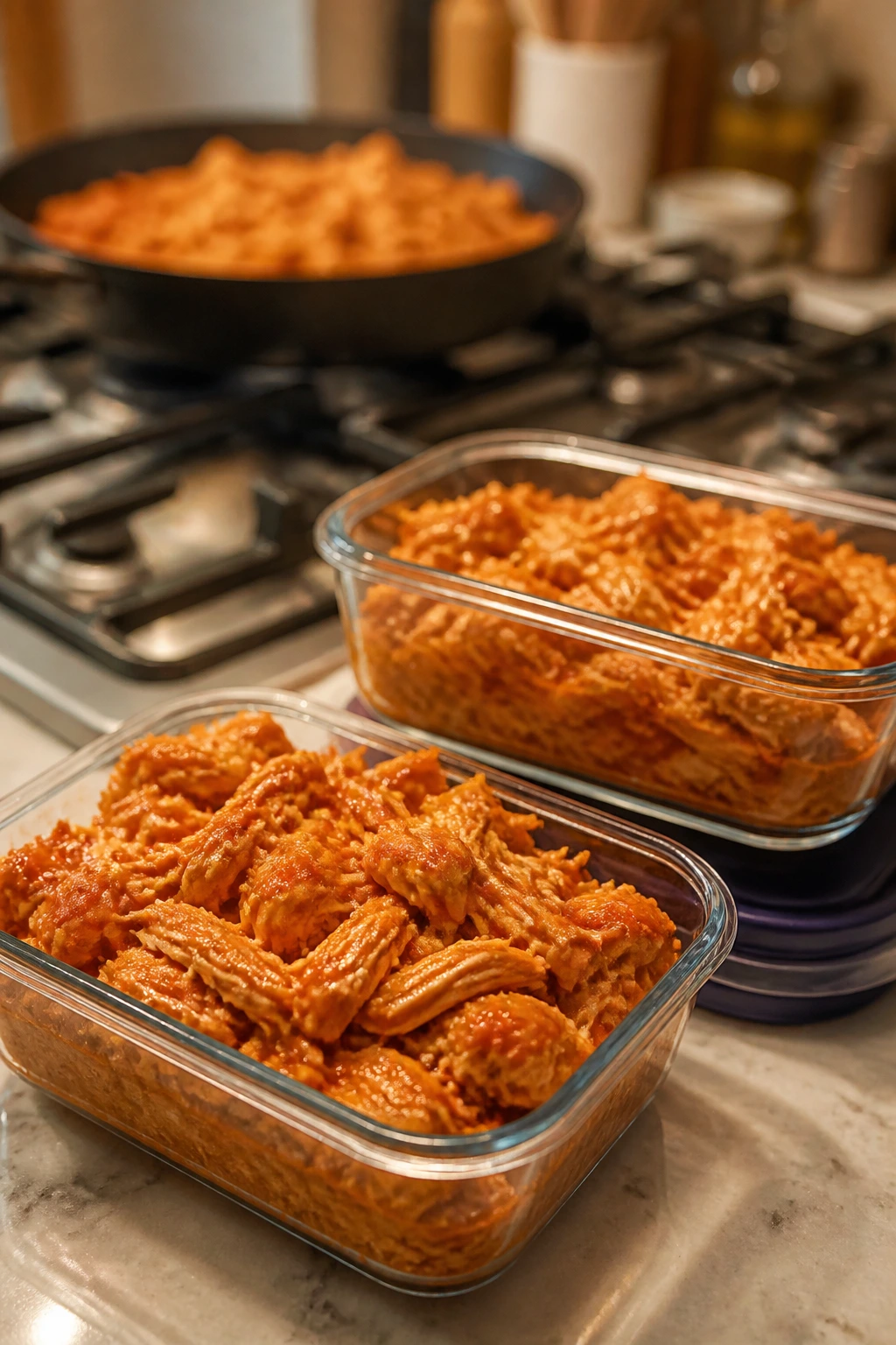 Buffalo chicken stored in glass containers on counter
