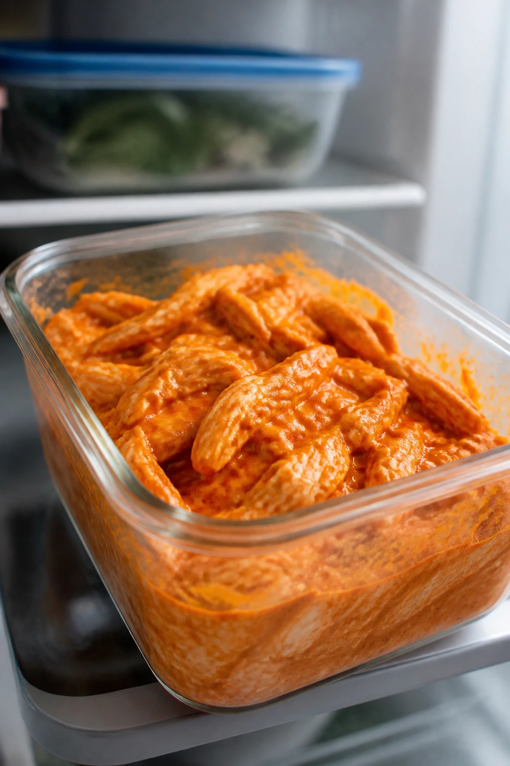 Glass container of creamy buffalo chicken in a refrigerator ready for storage or reheating