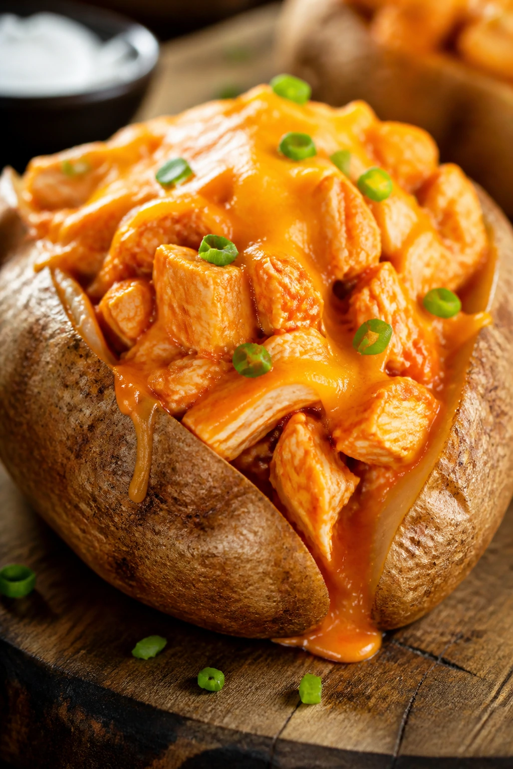 Close-up of buffalo chicken stuffed potato half with melted cheddar