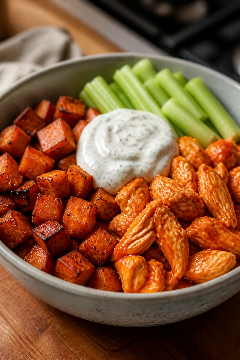 Buffalo chicken with sweet potatoes and celery in a bowl