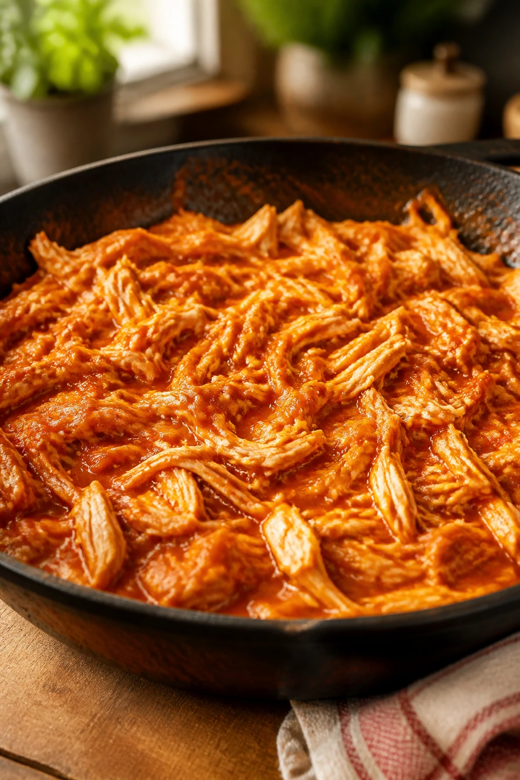 Close-up of juicy shredded buffalo chicken in hot sauce.