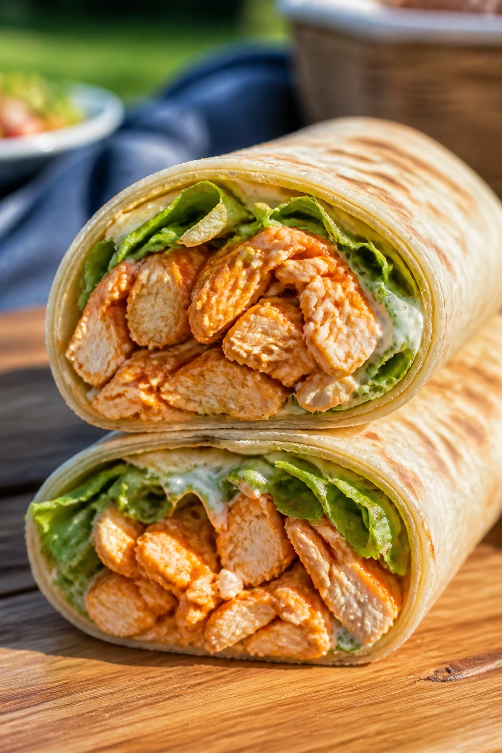 Close-up of buffalo chicken ranch wrap showing filling outdoors.