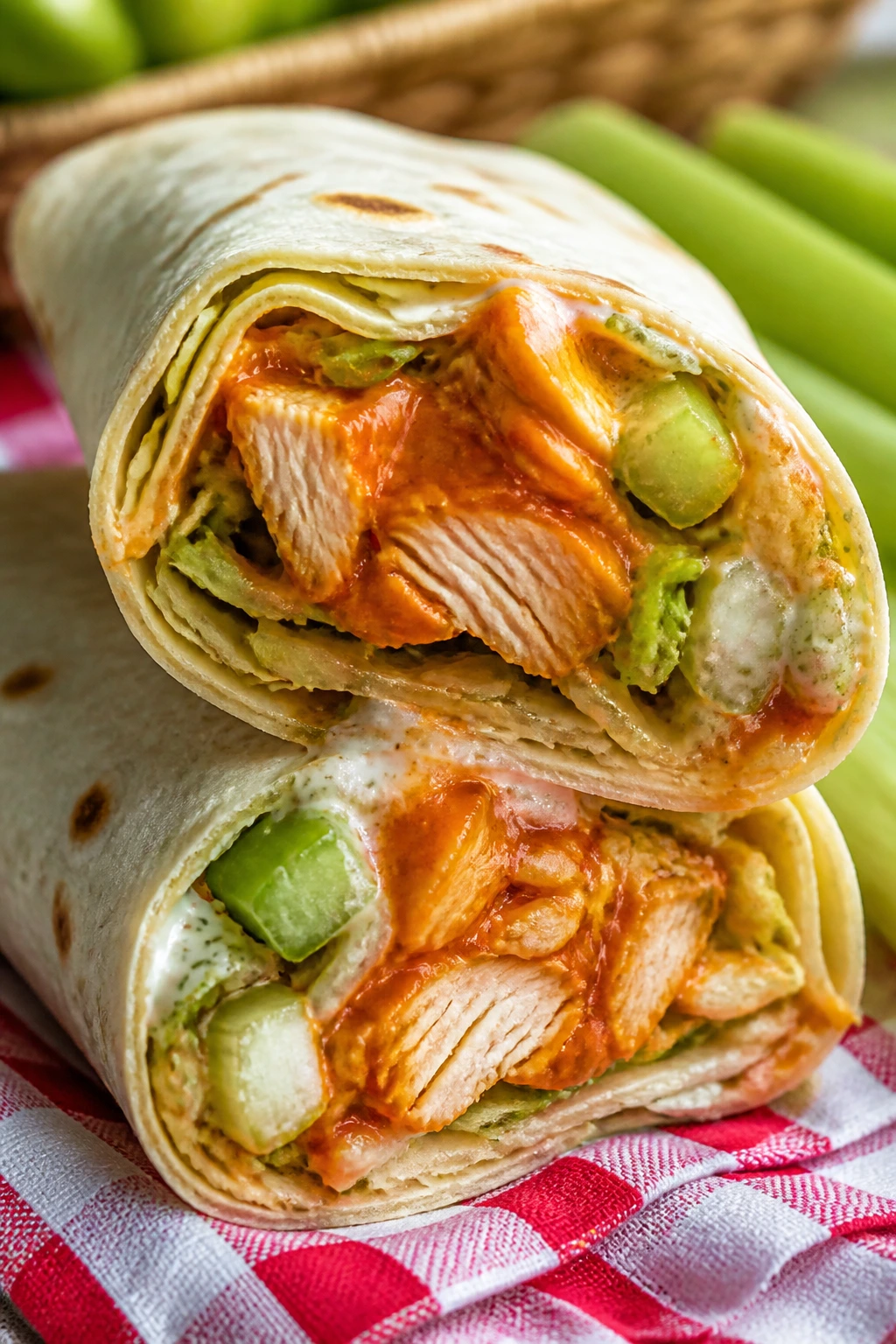 Buffalo chicken wrap cross-section with lettuce and celery