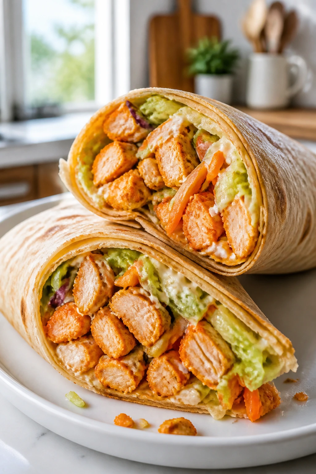Two buffalo chicken wraps cut in half on a plate in a bright kitchen