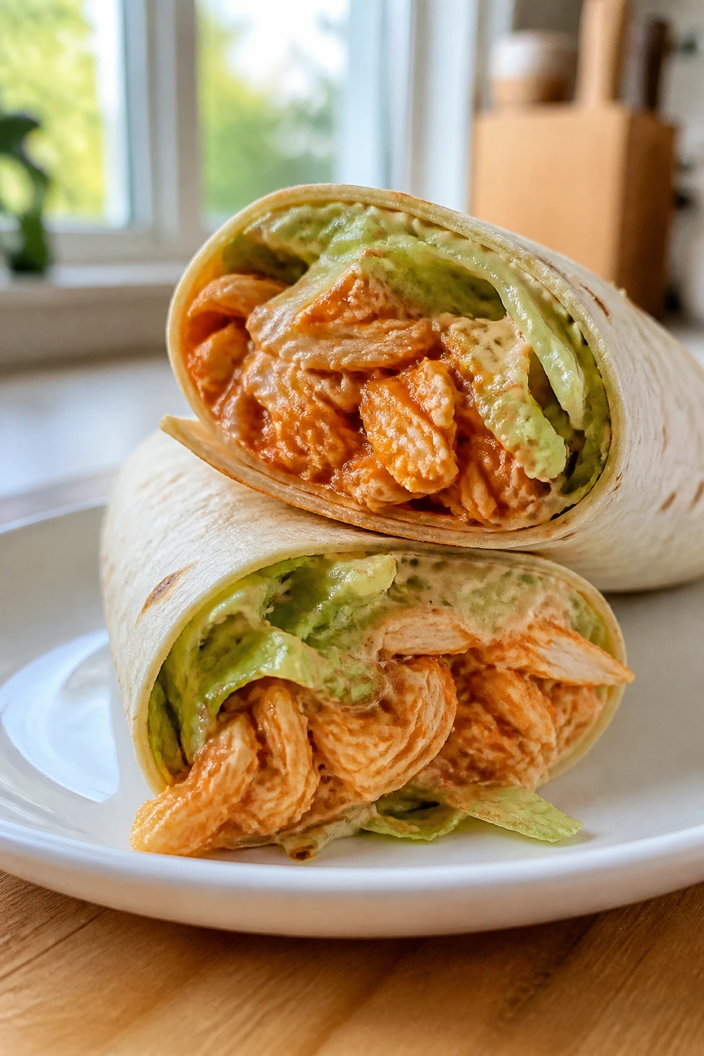 Buffalo chicken wraps on plate with crisp lettuce